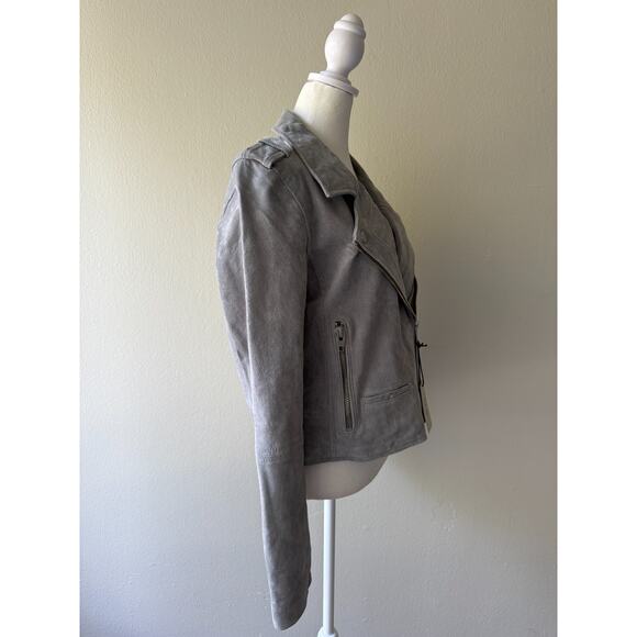 SL8 Gray 100% Suede Leather Moto Jacket L Women’s Biker Asymmetrical Zip Epaulet - Picture 3 of 10